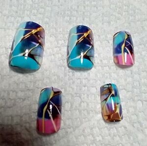 Press on nails lightning blue pink brown art nail set
